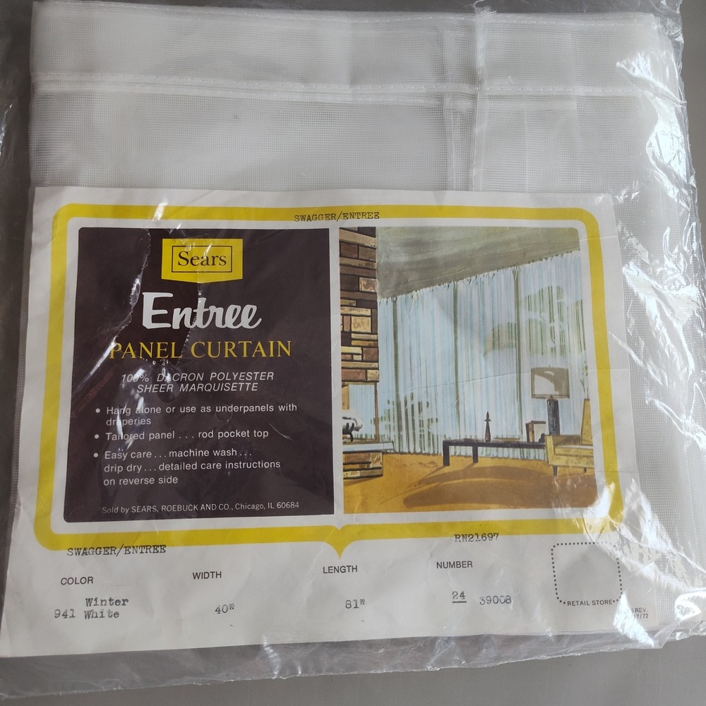 Sears Entree Curtain Panel Sheer Winter White 40 inch x 81 inch Tailored Vintage